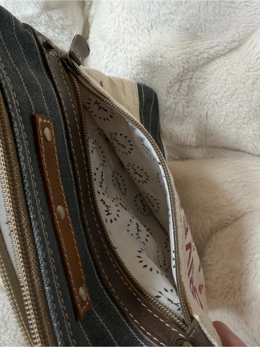 NWT Myra Bag Canvas Crossbody with Cream, Charcoal & Brown vineyard Accents